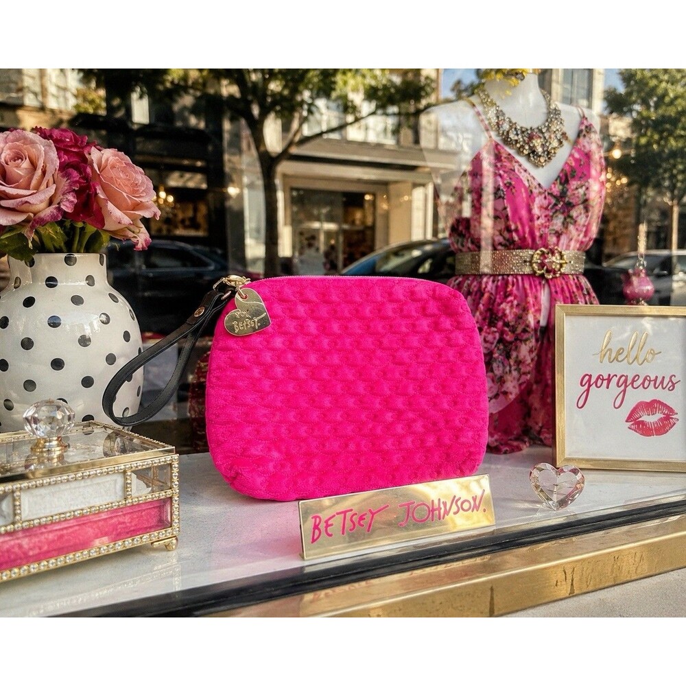 Betsy Johnson Hot Pink Quilted Flower Wristlet Or Makeup Bag About 9.5” x 7.5”